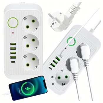 Listwa Zasilająca 8w1 z USB-C | 3 Gniazda,  Biały