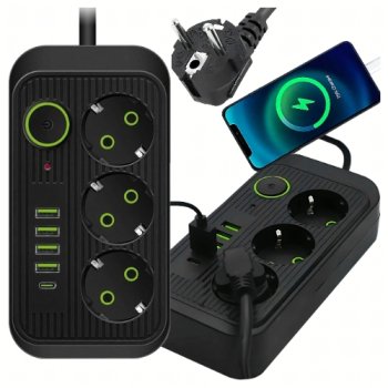 Listwa Zasilająca 8w1 z USB-C | 3 Gniazda, Czarna